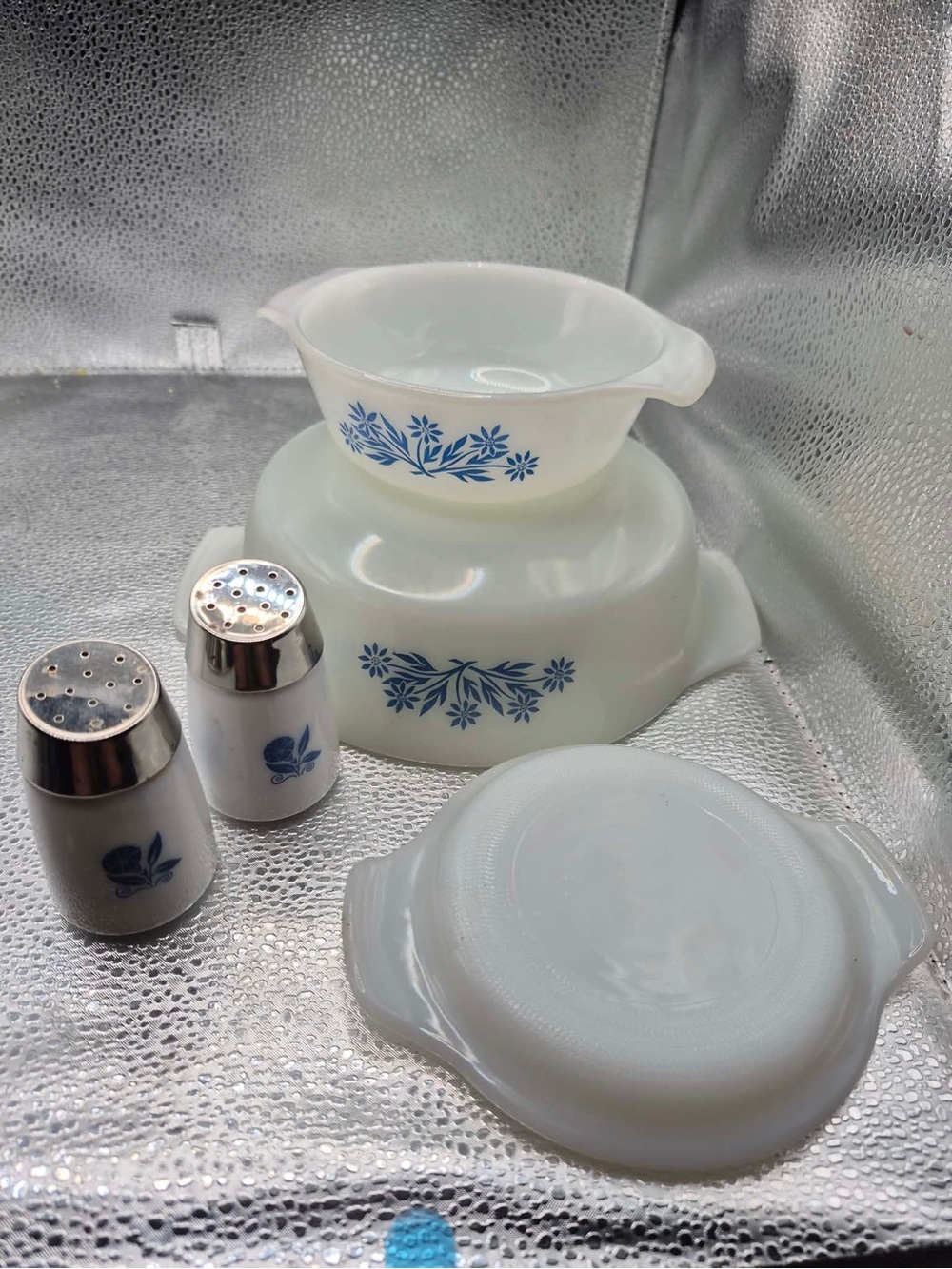Fire King Blue Cornflower Vintage Mini Milk Glass Casserole Dish Set w/ Shakers
